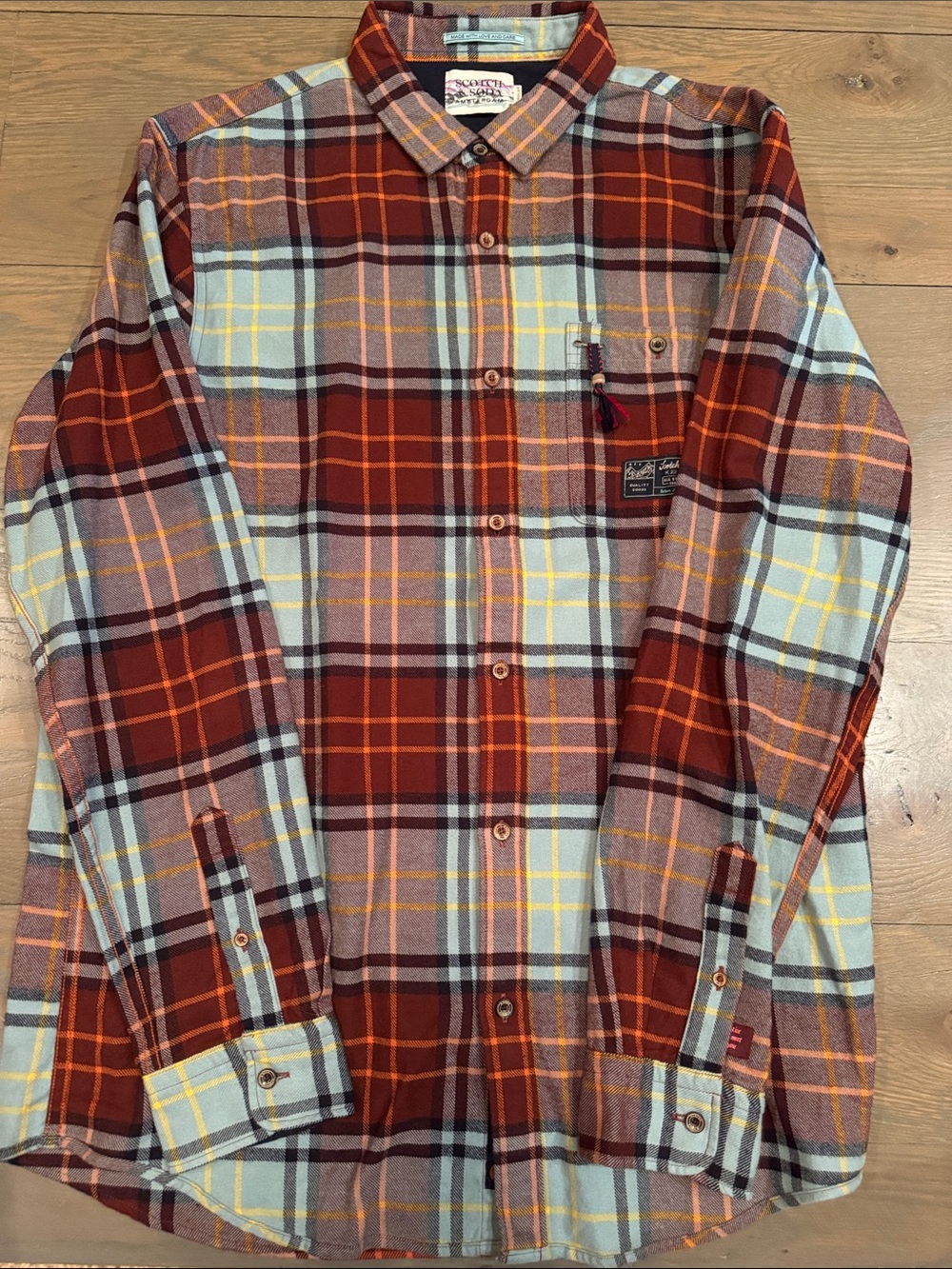 Scotch & Soda Rust, Light Blue & Yellow Plaid Button-Down Shirt